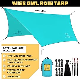 Wise Owl Outfitters Hammock Rain Fly - Waterproof Camping Tarp Cover with Tent Stakes & Carry Bag, Ultralight Shelter for Backpacking & Outdoor Shade