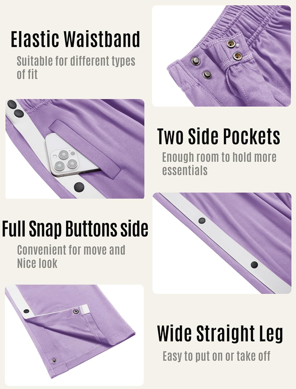 Deyeek Women's Tear Away Pants Side Split Snap Open Bottom Sweatpants Leg Breakaway Post Surgery Pants with Pockets - Image 5