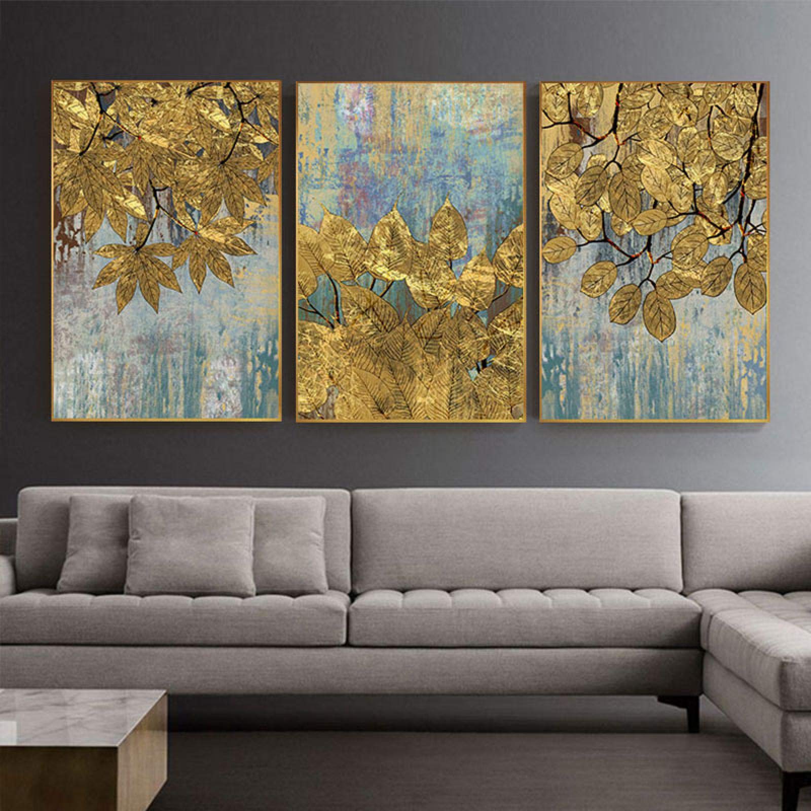 Quadri Astratti Foglia D'oro Tableaux Grandi Poster Stampe Grigio Tela Wall Art per Soggiorno Ingresso Corridoio Oro Trittico 60x80cmx3 pezzi Senza Cornice