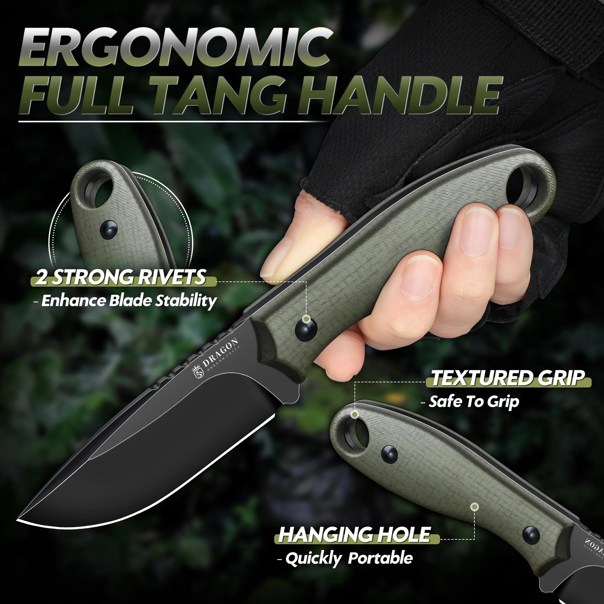 Dragon Creek Kompaktes Outdoor Messer feststehend D2 Stahl, Drop Point Jagdmesser mit G10 Griff, Full Tang EDC Messer mit Kydex Scheide, kleines Camping Bushcraft Messer(Grün) - 5