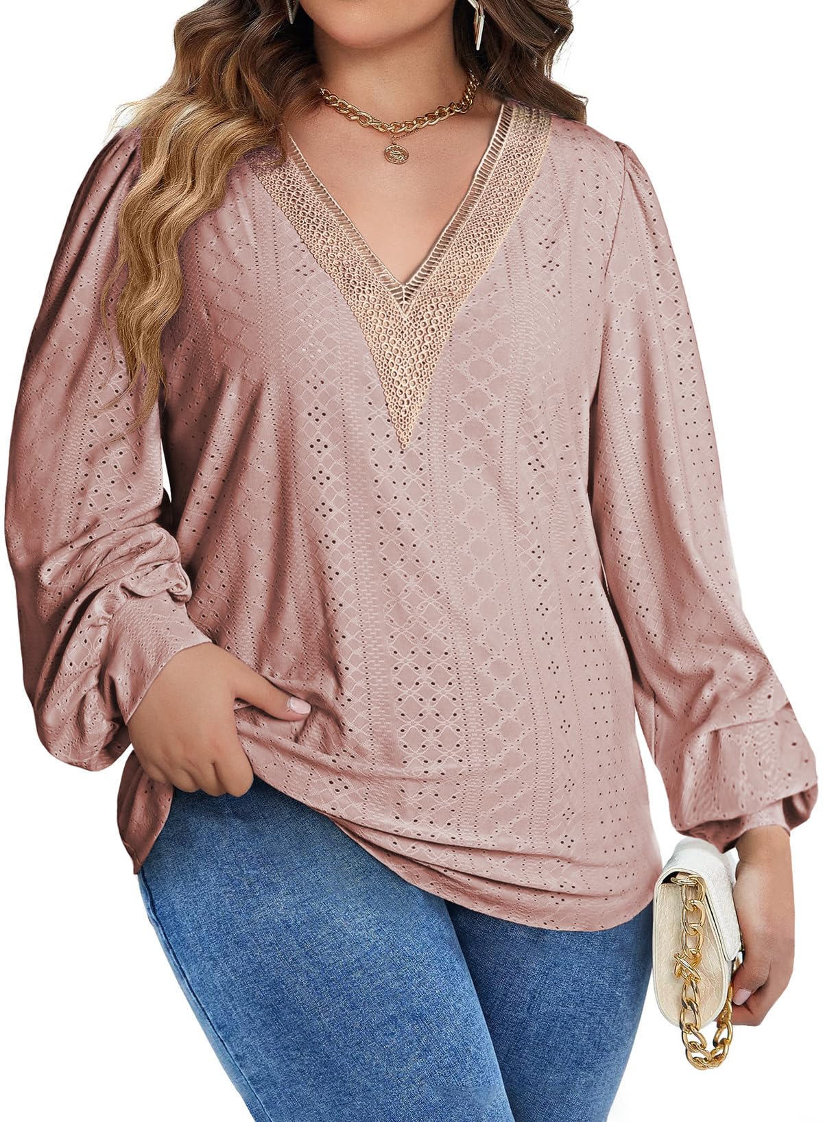 EytinoWomens Plus Size Tops Lantern Long Sleeve Lace V Neck Dressy Casual Blouse Loose Tunic Shirts(1X-5X)