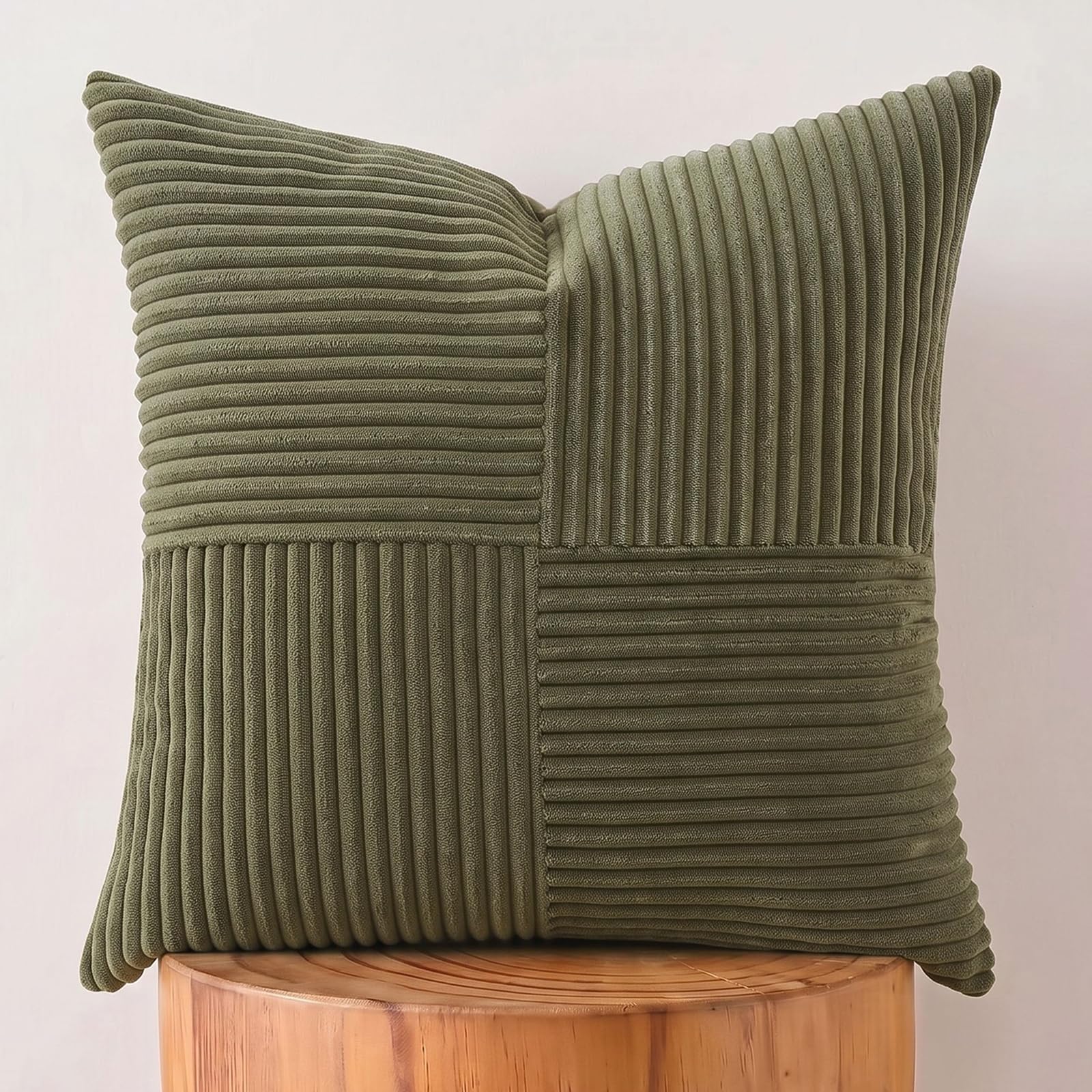 FDTERN Olive Green Big Decorative Throw Pillow Covers 24x24 Inch for Living Room Couch Bed, Rustic Farmhouse Boho Home Decor, Soft Corss Corduroy Patchwork Accent Cushion Covers 60x60 cm — image 1