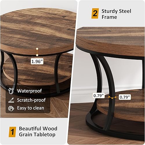 Miniatura 5 de Mesa de centro redonda para sala de estar, mesa auxiliar circular de 2 niveles con almacenamiento, mesa central decorativa de diseño moderno, marrón