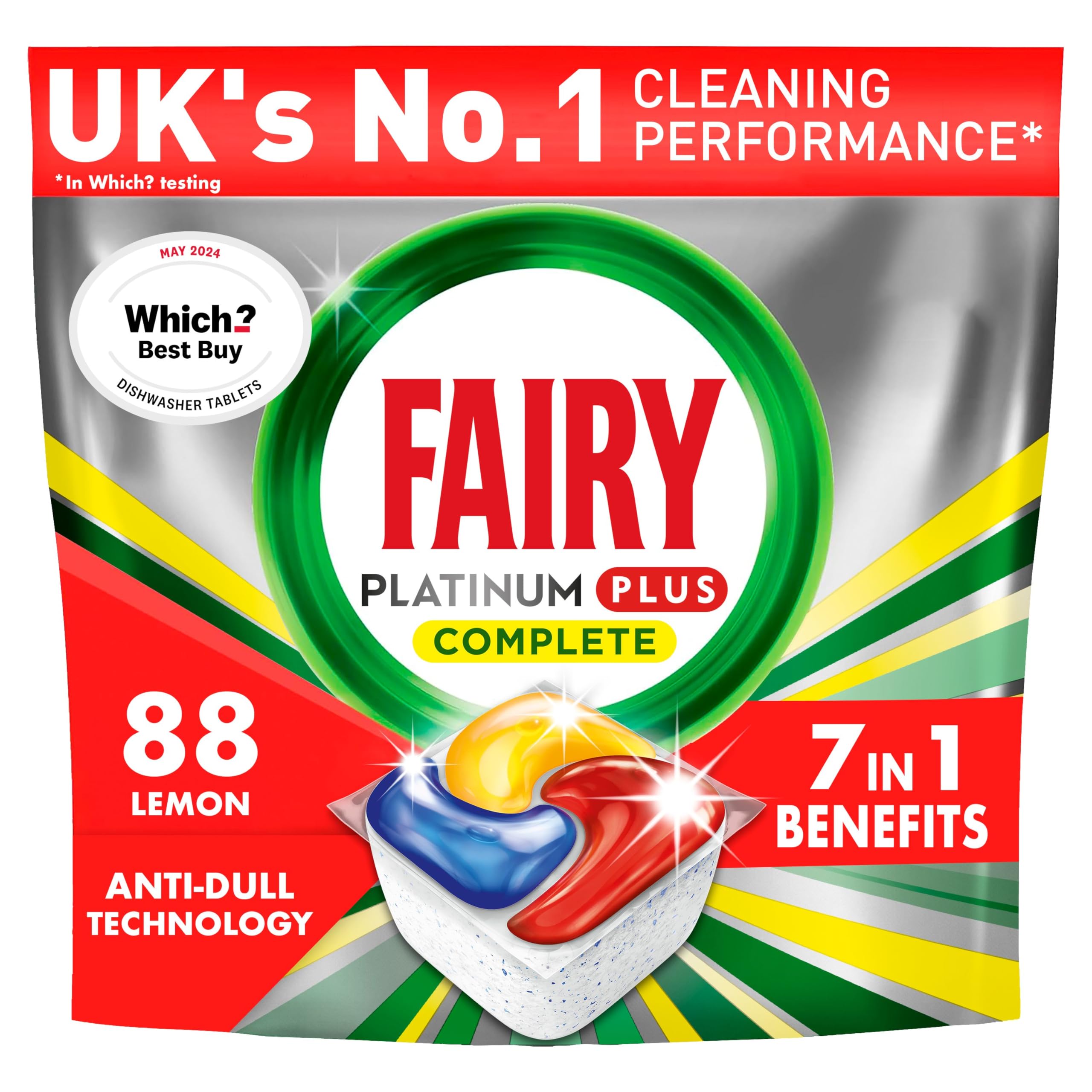 Fairy Platinum Plus - Pastillas todo en uno para lavavajillas, limón, 88 tabletas, nuestra mejor limpieza para una limpieza como nueva, elimina la opacidad y evita la cal