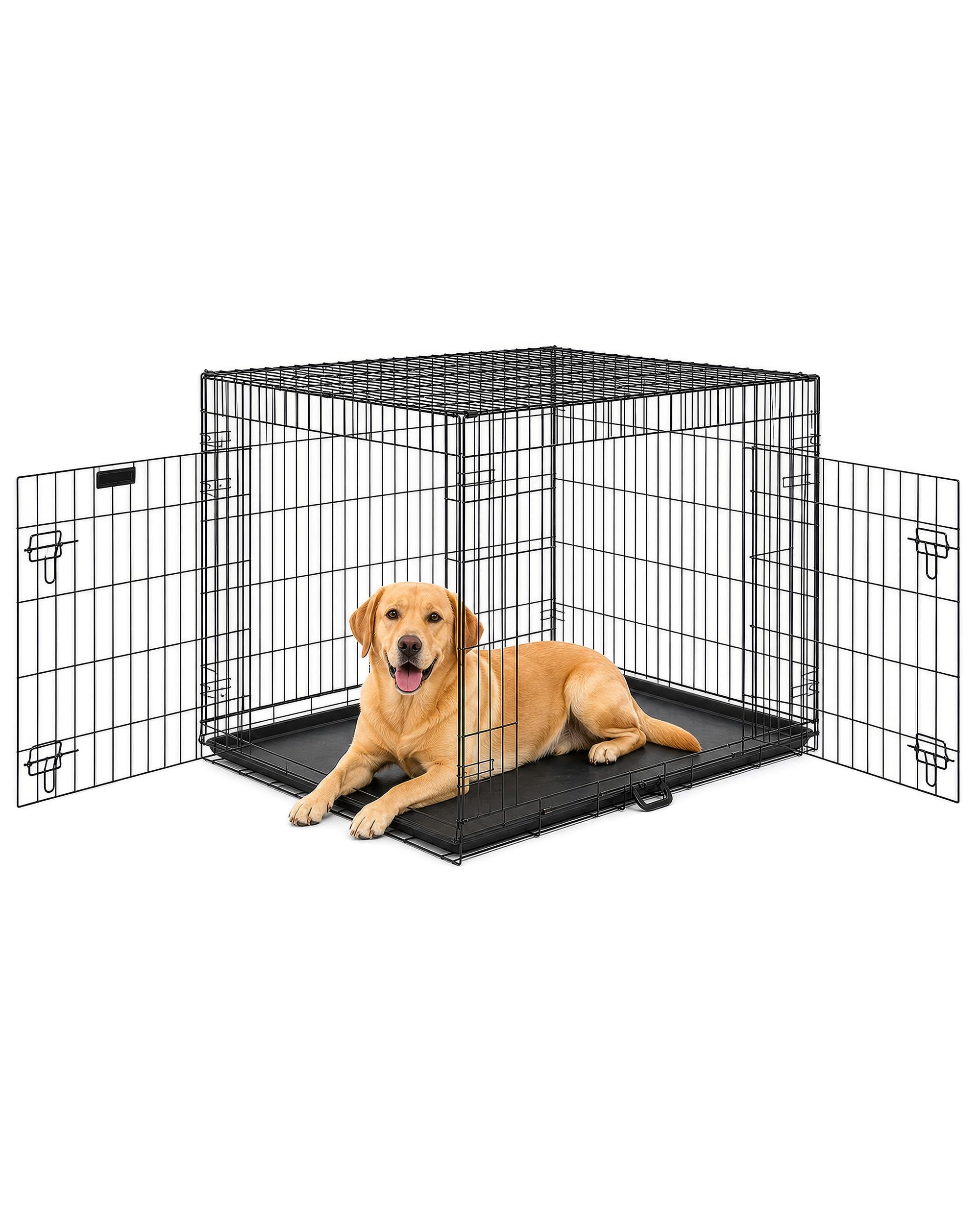 FurDreams 36" Folding Dog Crate for Large Dogs - Heavy-Duty Black Metal Cage with Front & Side Doors, Chew-Resistant Plastic Tray & Carry Handle, Quick Setup (92 × 57 × 63 cm)