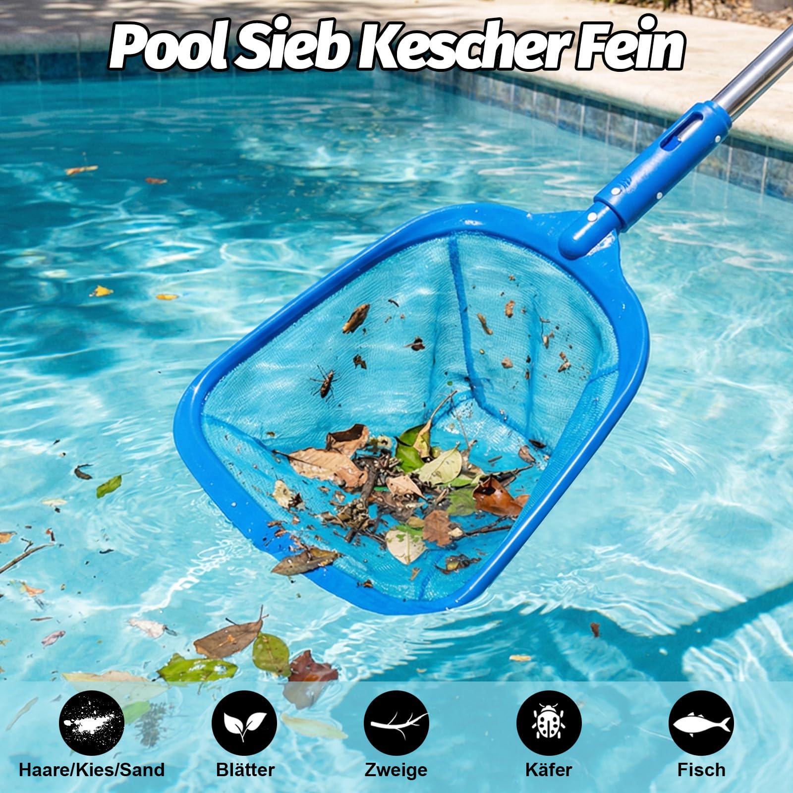 4BAOHUI Brosse de piscine avec manche en acier inoxydable, épuisette avec manche télescopique, kit de balai de piscine, brosse de nettoyage pour piscine, épuisette pour nettoyer les feuilles de