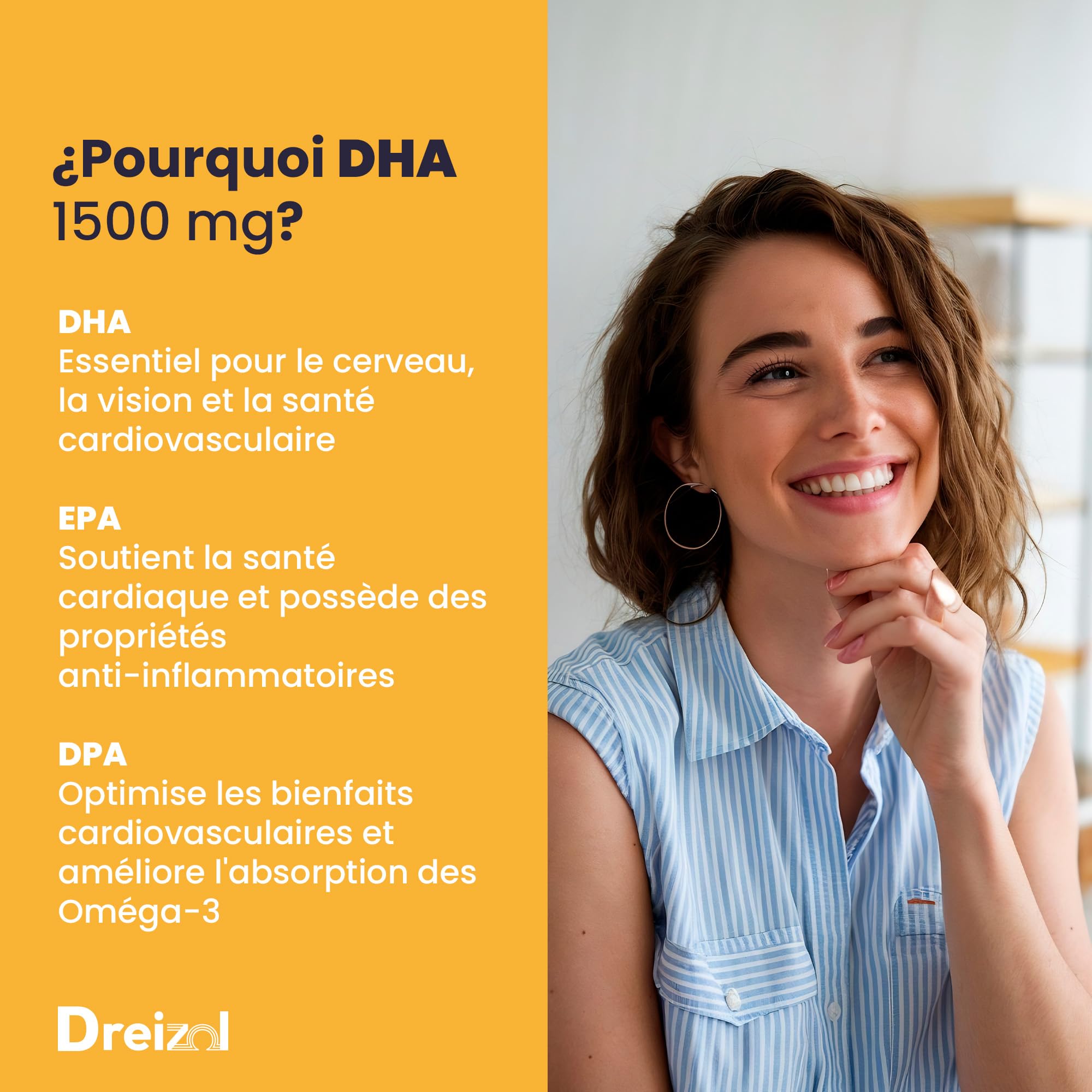 Brudy Lab Dreizol Omega 3 DHA 1500 avec EPA et DPA + Manganèse, Zinc et Cuivre - Haute Concentration - Renforce les Tissus Oculaires, Rétine, Santé Cardiaque et Cérébrale - 60 Capsules