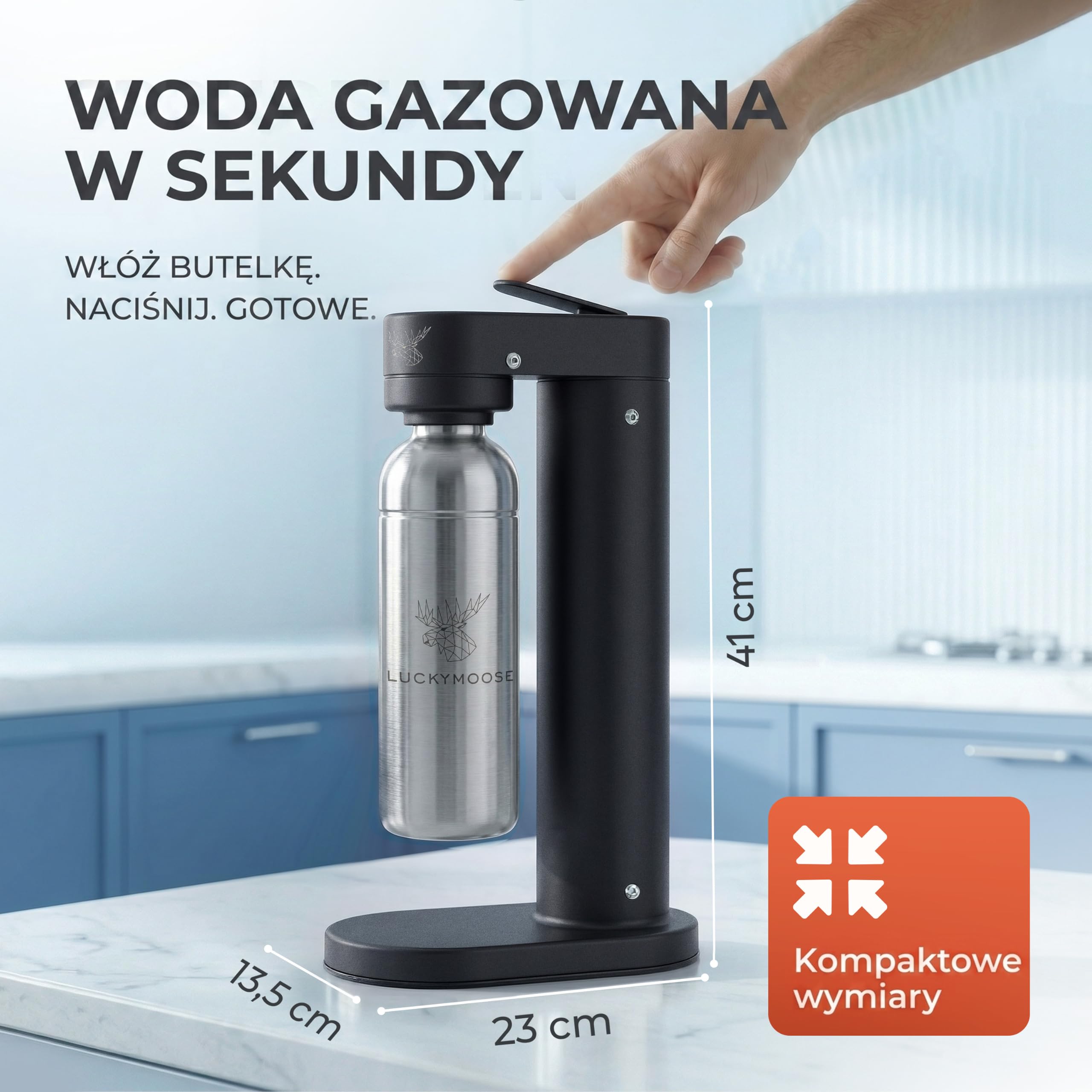 Luckymoose Infinity-S Saturator z wysokiej jakości stali nierdzewnej (Black/Silver) – w zestawie 2x butelki stalowe 1,25L – wyjątkowo higieniczna wyjmowana dysza – Trwała maszyna do wody gazowanej CO₂