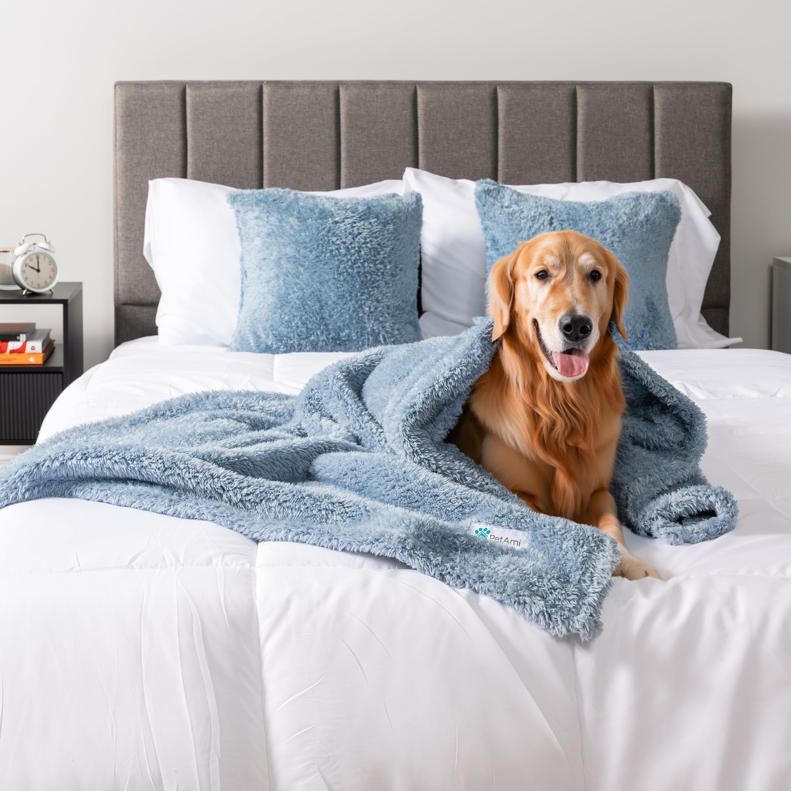 PetAmi Plüsch-Hundedecke für Haustierkatzen, weiche, flauschige Sherpa-Fleece-Decke, beruhigend, mittelgroß, Haustier-Überwurf für Kiste, Couch, Sofa, Bett, Größe XL, 152 x 203 cm, Staubblau