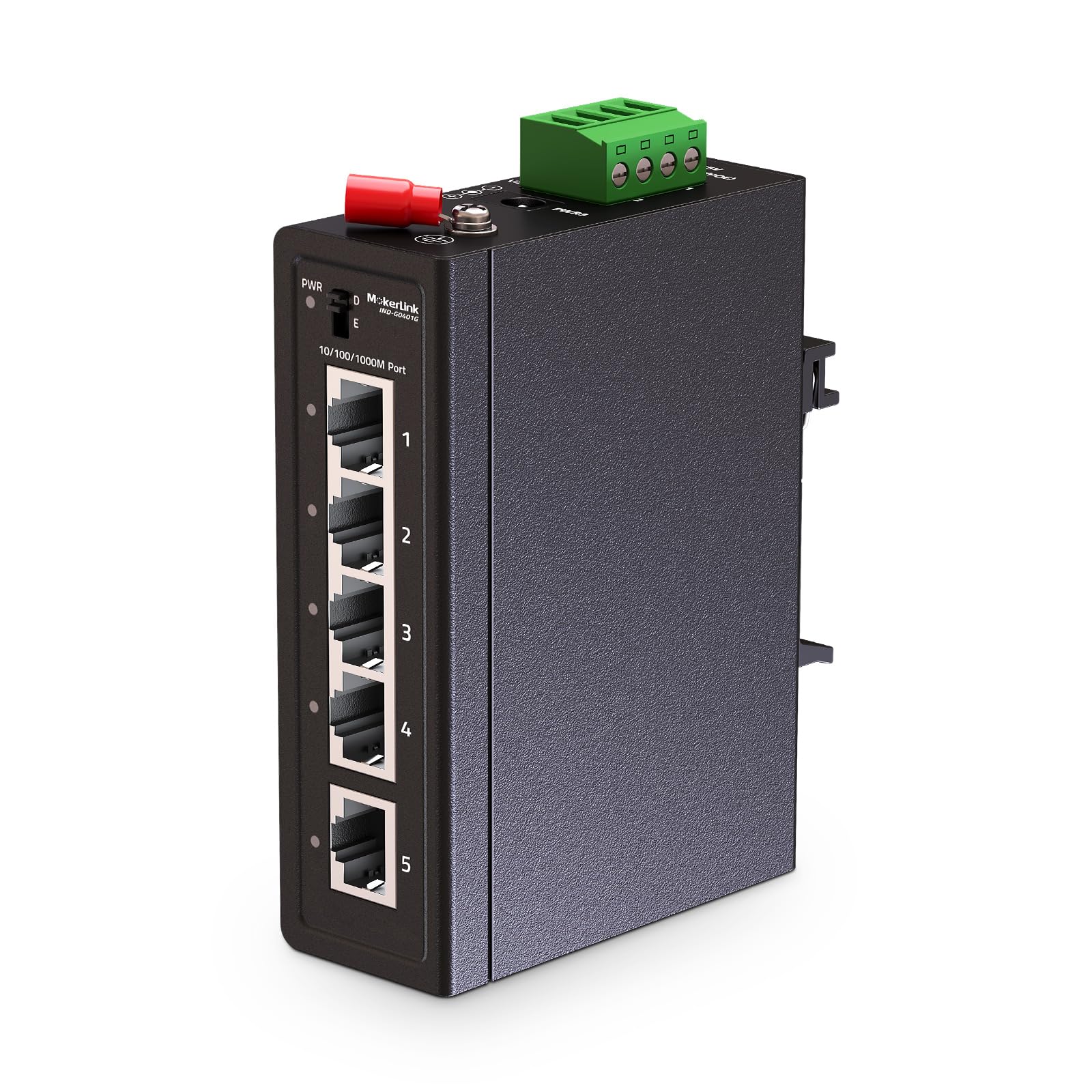 MokerLink 5-portowy Industrial Din Rail Gigabit Switch, 4 x porty 100/1000 Mbps, 1 Gigabit Uplink, mini rozmiar, metalowa szyna DIN i przełącznik Ethernet do montażu na ścianie