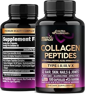Multi Collagen Peptides - Hydrolyzed Types I, II, III, V & X - Collagen Supplement for Women 1300mg - w/ Hyaluronic Acid, Vitamins C & E - Skin, Hair, Nails & Joint Support - Made in USA, 120 Capsules
