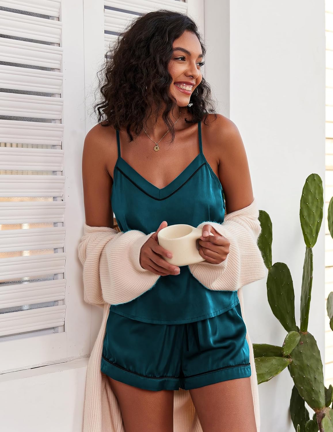 Ekouaer Pajamas for Women Set Silk Satin Pjs Sexy Lingerie Sleepwear Cami Shorts Set Summer Nightwear S-XXL - Image 4