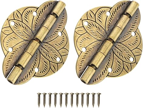 HJ Garden 2PCS Antique Brass Small Hinges Furniture Cabinet Drawer Door Jewelry Box Gift Box Copper Embossing Hinge, 43x31mm