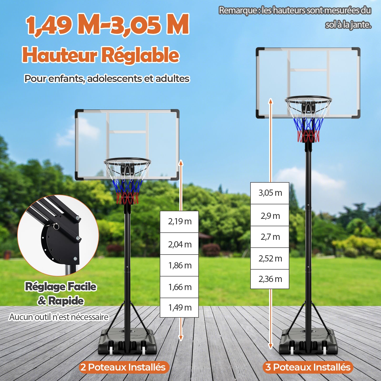 GYMAX Panier de Basket-Ball Mobile pour Intérieur et Extérieur, Réglable en Hauteur 149-305 cm, Panneau Incassable, Base et Sac de Poids Remplissables, pour Enfants, Adolescents, Adultes