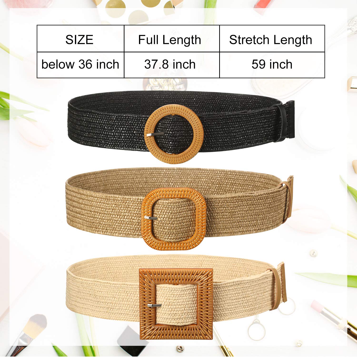 Cinturón elástico tejido de paja de 3 piezas para mujer, cinturón trenzado de vestido bohemio, Negro, caqui, beige 2
