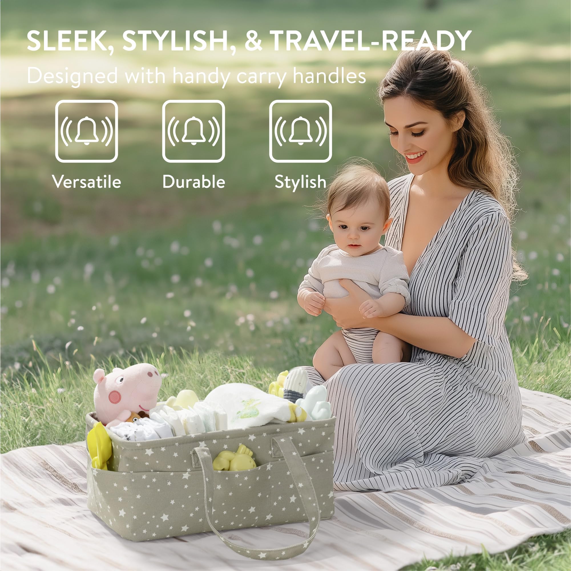 Navaris Nappy Caddy Organiser in Grey with Star Pattern - Baby Changing Basket with 10 Side Pockets & Removable Divider - Diaper Storage Bag - Newborn Essentials - Image 4