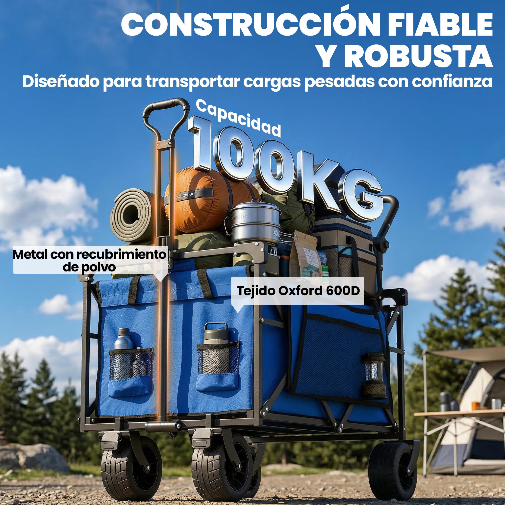 Outsunny Carro Playa con Ruedas Grandes con Freno, Techo Extraíble, Carro Plegable para Jardín con Barra Ajustable, Portavasos y Bolsillos, Carga 100 kg, para Todo Terreno, Campaña, Compras, Azul
