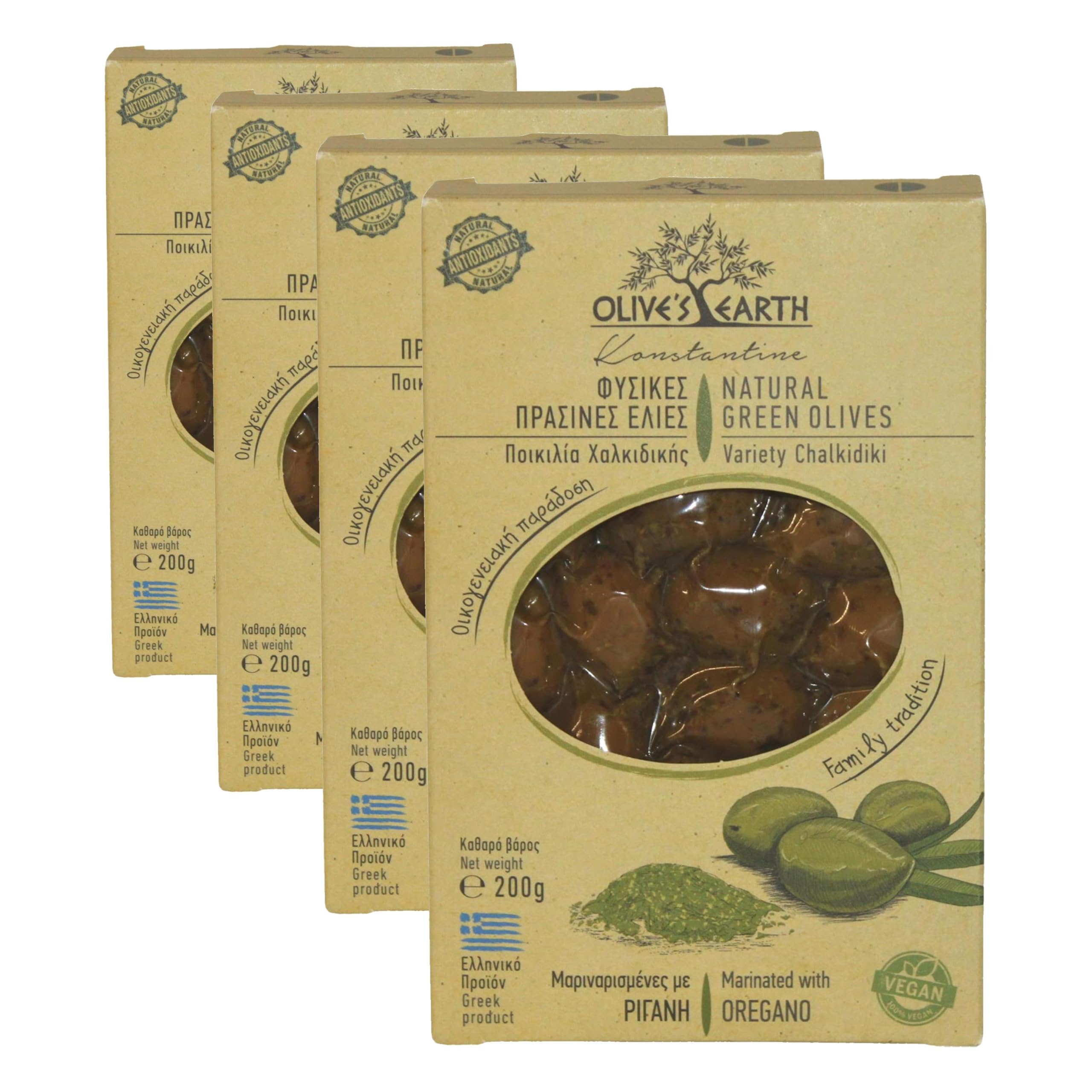 Olive's Earth Aceitunas Verdes Griegas Marinadas con Orégano,4x200g (Paquete de 4)