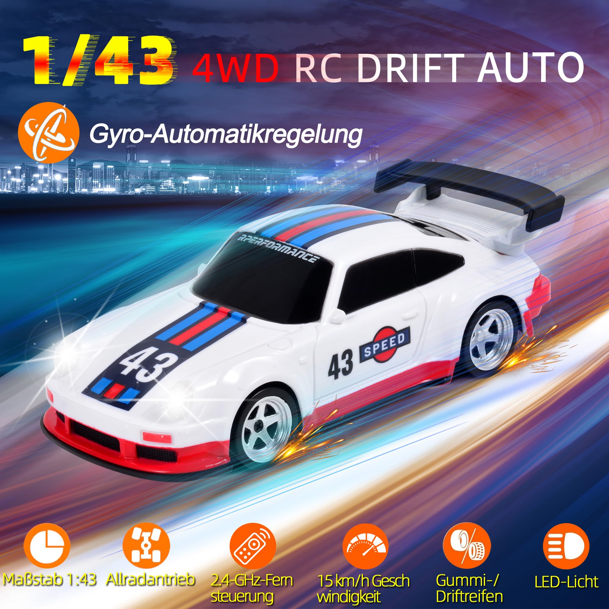 Mini RC Drift Car con Gyro 1/43 Escala 2,4 GHz 15 km/H Alta Velocidad Deporte Coche de Carreras 4WD Mesa Control Remoto Coche para Niños Niñas y Adultos Regalo