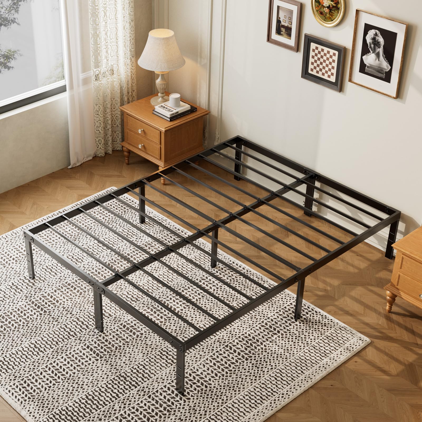 NEWBULIG Queen Size Bed Frame Metal Bed Frame, Mattress Foundation with Steel Slat Support, No Box Spring Needed, Heavy Duty, Storage Space Under Frame, Easy Assembly