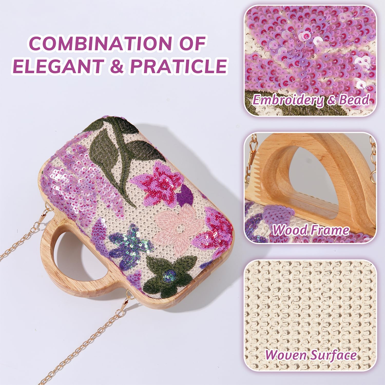VNIMTI Floral Embroidery Sequin Clutch Evening Bag, Straw Beaded Purse for Women, Cute Ladies Wooden Handbag with Chain for Wedding, Party