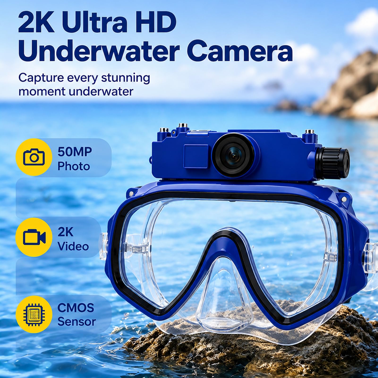 Denash Gafas de Buceo con Cámara, Máscara de Buceo para Snorkel y Uso con | Fotografía Subacuática 2K, Lente Gran Angular FOV de 100°, Soporte de Profundidad de 15M, Estabilización de Imagen con