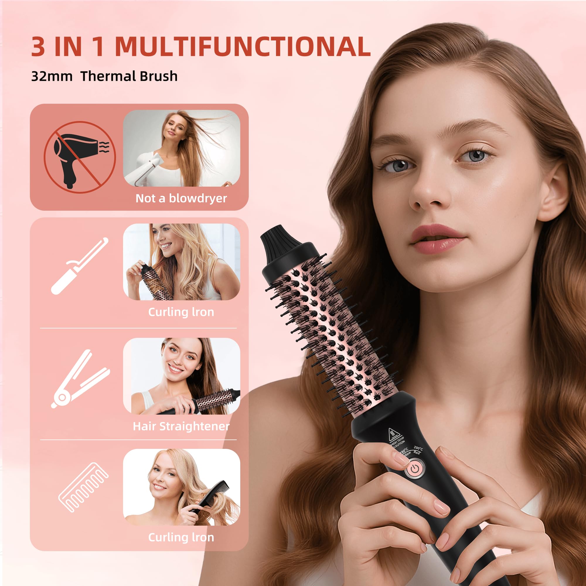 UKLISS Szczotka termiczna 32 mm, Thermal Brush wyświetlacz LCD [160-200°C], profesjonalna szczotka termoaktywna, podwójna szczotka do podróży, do stylizacji włosów – grzebień, kręcona, gładka (czarny
