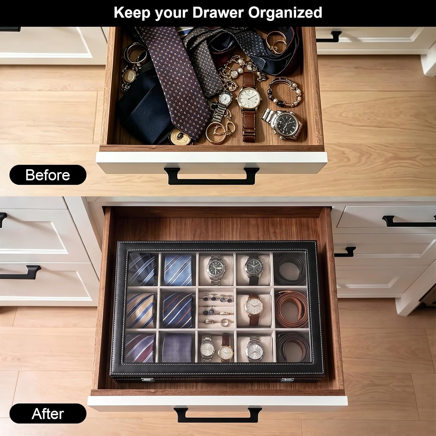 15 Slots Tie Organizer for Drawer, Luxury Tie Storage with Glass Lid,Lockable Jewelry,Anime Figure,Dresser Storage Box, Elegant Gift for Women or Men,Black