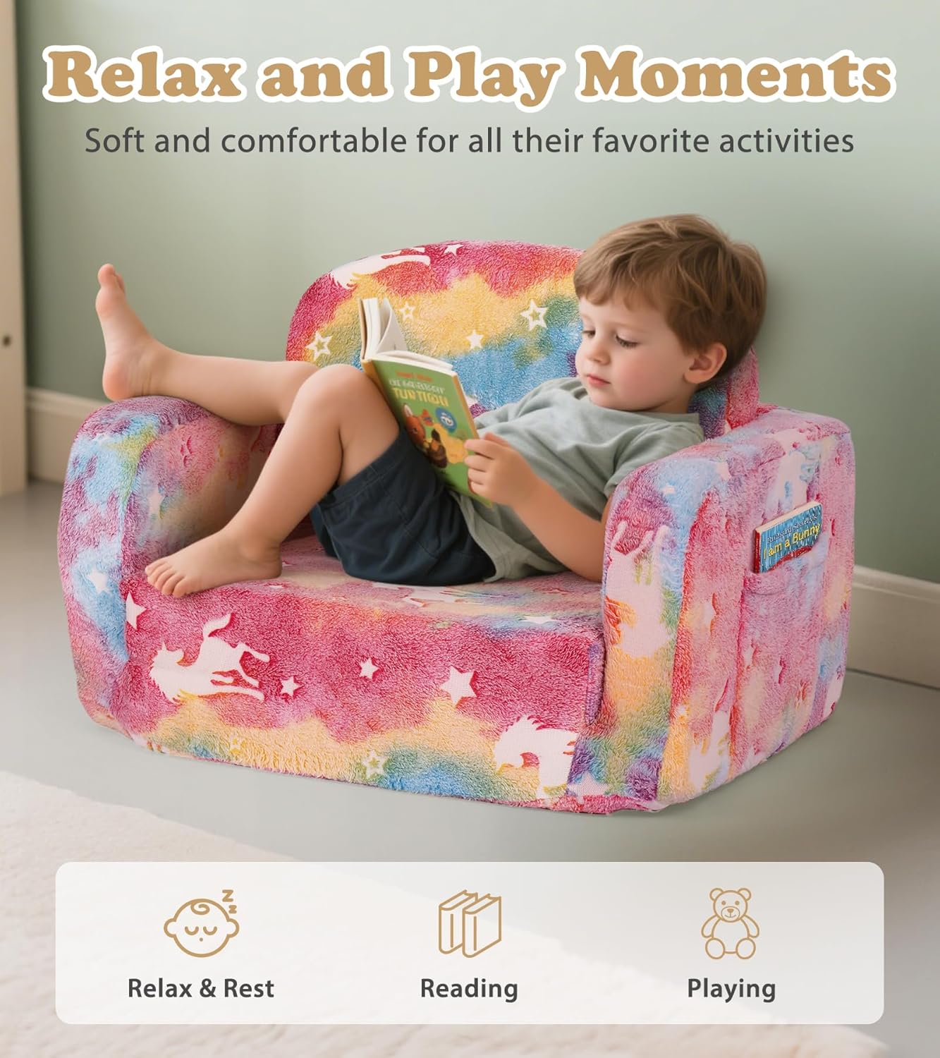 Kids Couch, 2-in-1 Soft Toddler Couch Fold Out with Blanket and Cloud Pillow, Glow in The Dark, Toddler Chair Comfy, Convertible Sofa, Gifts for Kids Girl Boys, Medium Pink Unicorn - Image 4