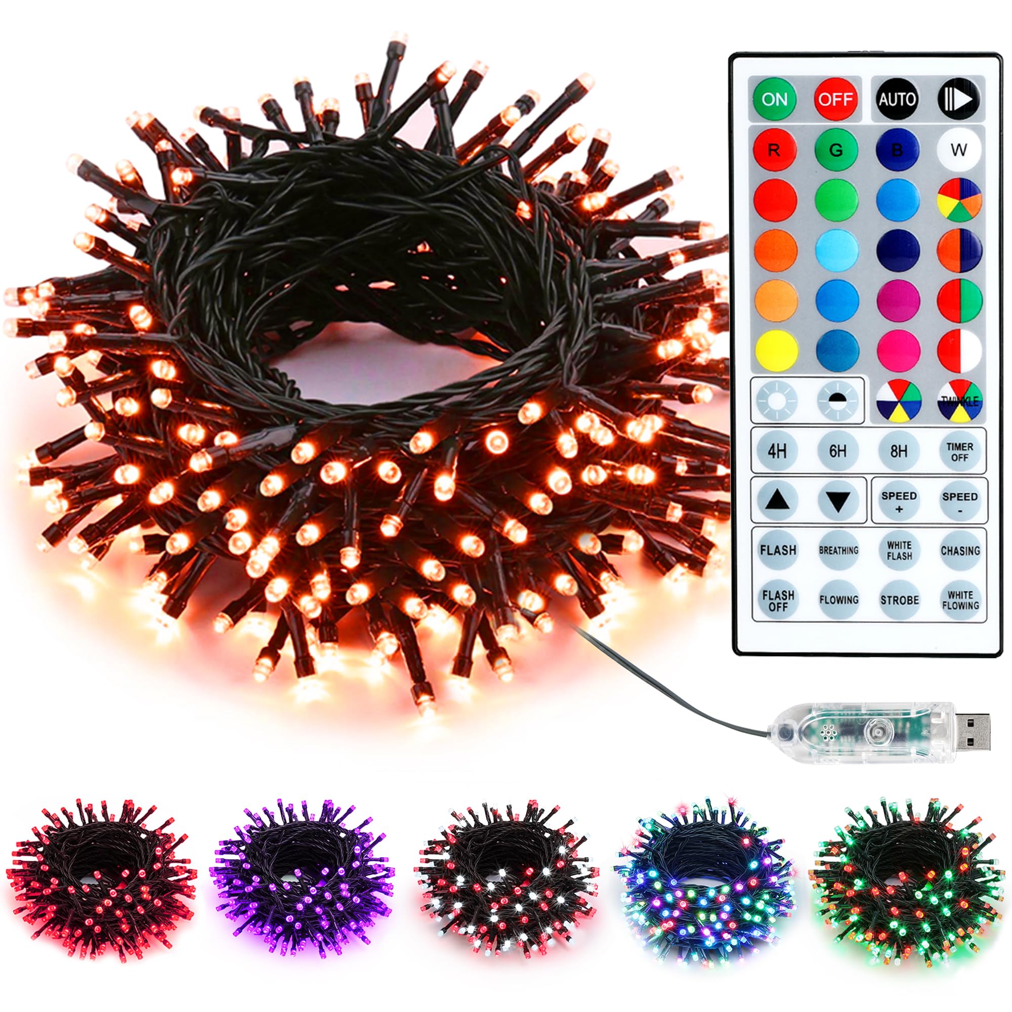 PhilzOps USB Stringa Luci Interno, 10M 100 LED Halloween RGB Catena Luminose Cambio Colore Impermeabile Natale Fata Luci Colorata con Telecomando Timer per Decorazione Casa Esterno Matrimonio Festa