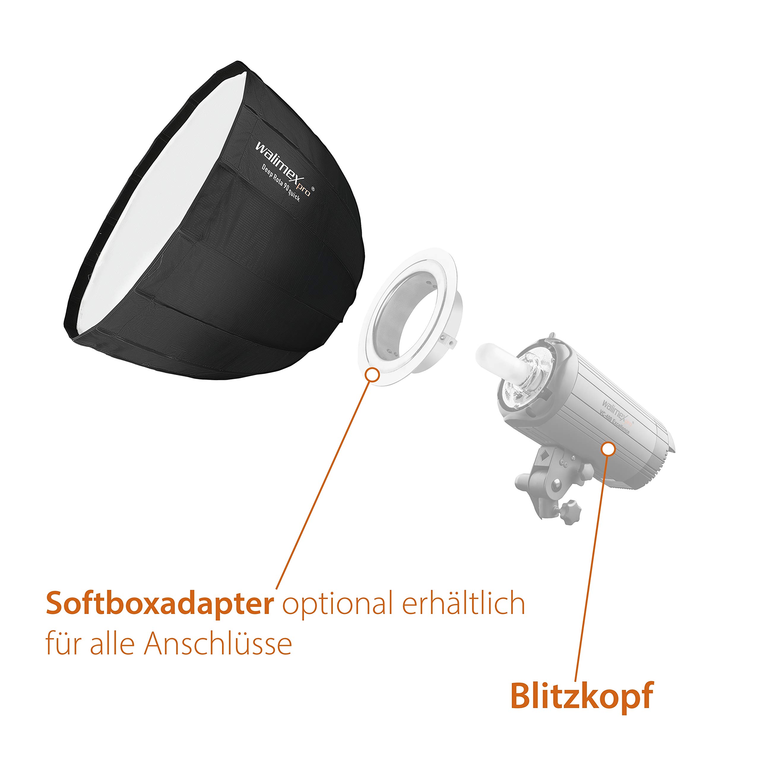 Walimex pro Studio Line Deep Rota Softbox QA90 – Octabox formownik światła, Ø 90 cm, głębokość 71 cm, składany, z kratką, dyfuzor wewnętrzny i zewnętrzny, speedring, do lampy błyskowej