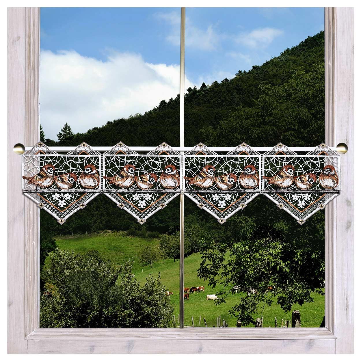 Feenhaus-Spitzengardine Spatzenkonzert Echte Plauener Spitze Scheibengardine mit Vögeln im modernen Landhausstil 20 x 55 cm