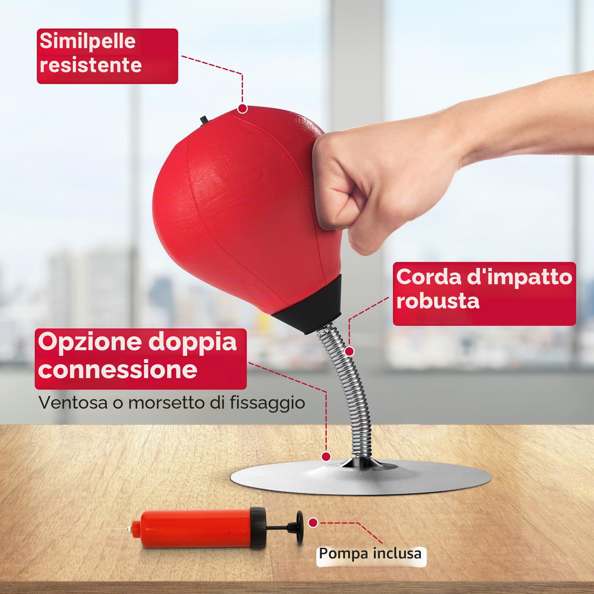 Sacco da boxe da Scrivania Antistress – Giocattolo da Ufficio per Adulti, Ventosa Ultra Resistente, Palla da Boxe in Pelle PU con Molla, Idea Regalo Divertente Antistress