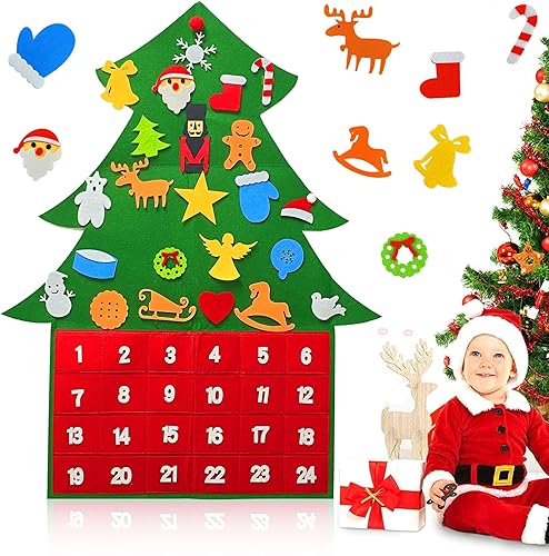 Miniatura 1 de Diymood Calendario de Adviento de tela para árbol de Navidad, árbol de Navidad de fieltro con 30 piezas para colgar en la pared, adornos