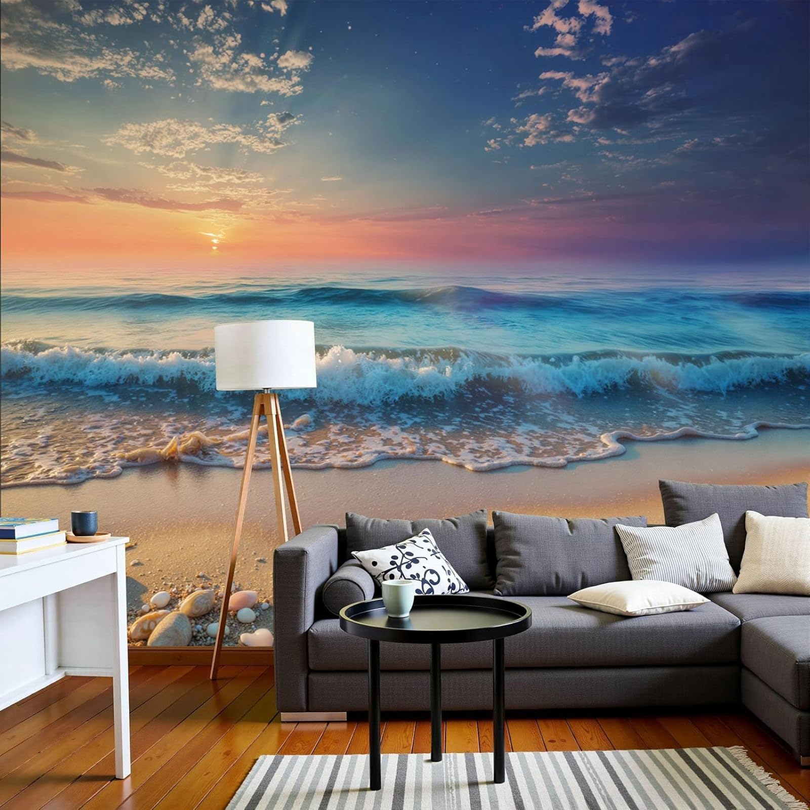 kfjhgbdshhj Non-Woven Photo Wallpaper Sunset on the Beach 3D Effect, Romantic sea Waves for Living Room Bedroom, Blue for wall Decoration, 250cm x 175cm Stickers - Frameless Painting - Poster