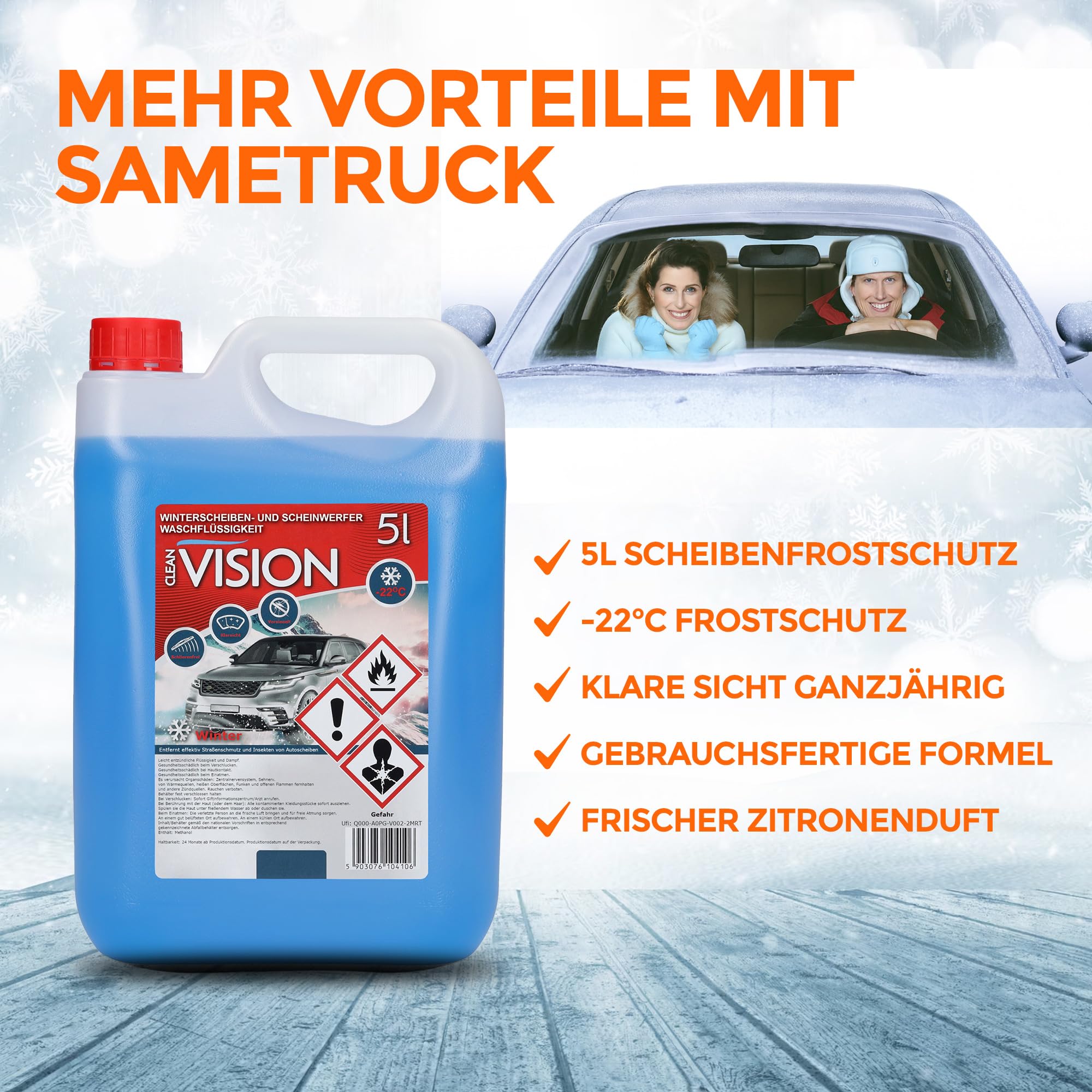 Scheibenfrostschutz –22 °C, 5 L gebrauchsfertig – Winter Scheibenreiniger & Frostschutzmittel für Scheibenwaschanlage – klare Sicht für Auto, PKW, LKW & Scheinwerfer 6 x 5 L