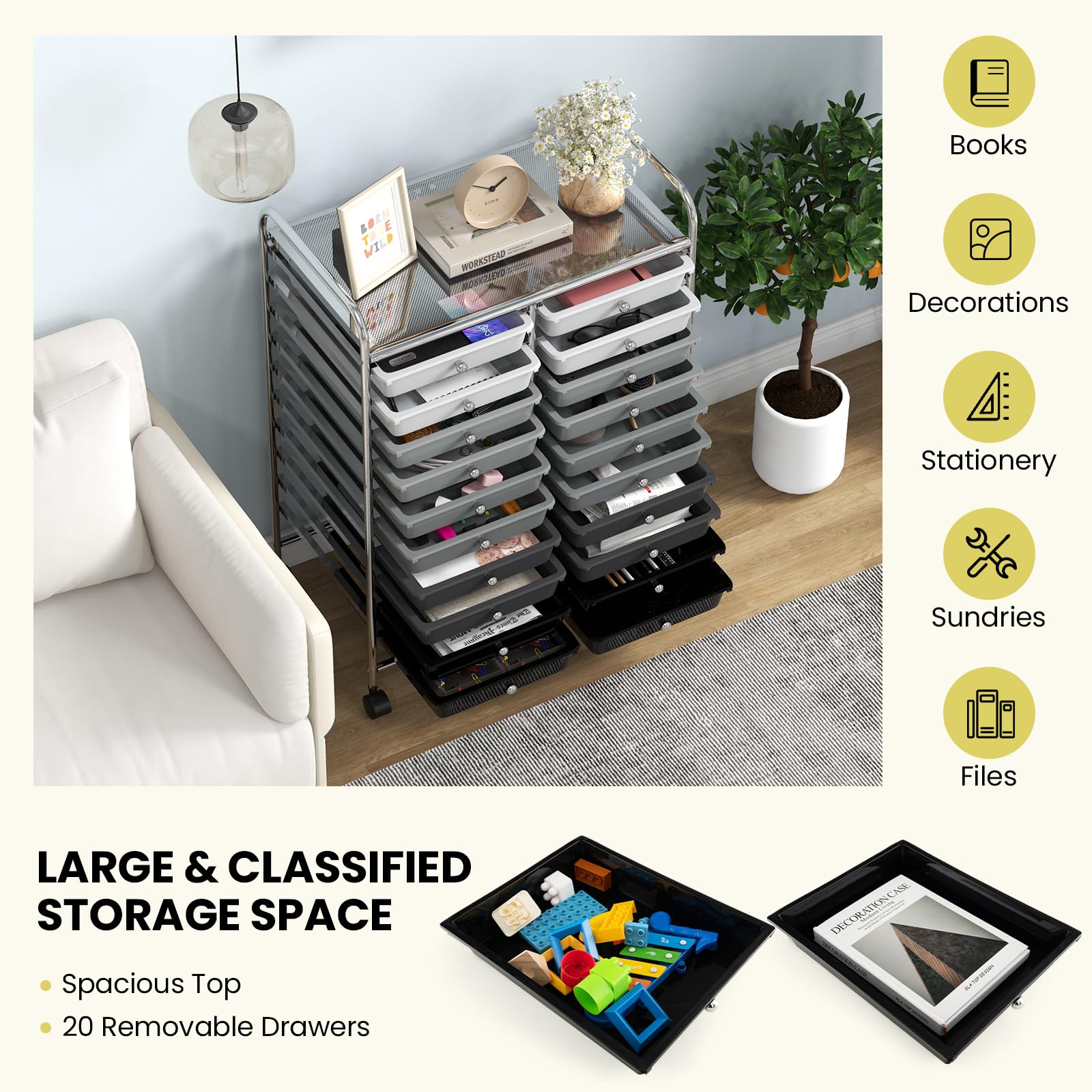 LDAILY 20-Drawer Rolling Storage Cart - Metal Frame Organizer On Wheels, For Office, School, Craft Supplies (Hot Pink)
