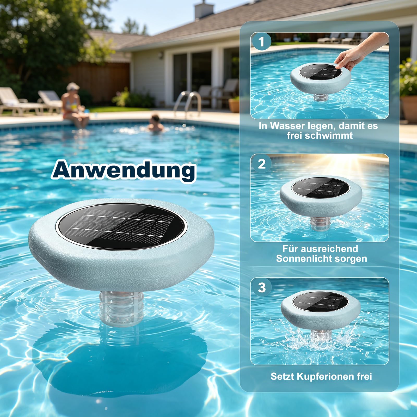 Solar Pool Ionisator, Kupfer Ionreiniger Pool, Hochreinem Kupferelement, bis 132,500 Liter, Hocheffiziente Reinigung, Wasserdicht, Dauerhaft, Schwimmender Reiniger für Pools