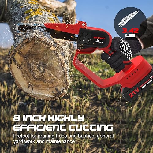 Miniatura 6 de Mini motosierra inalámbrica de 8 pulgadas, mini motosierra HAPPYMATE con 2 paquetes de baterías recargables, motosierra eléctrica con una sola mano