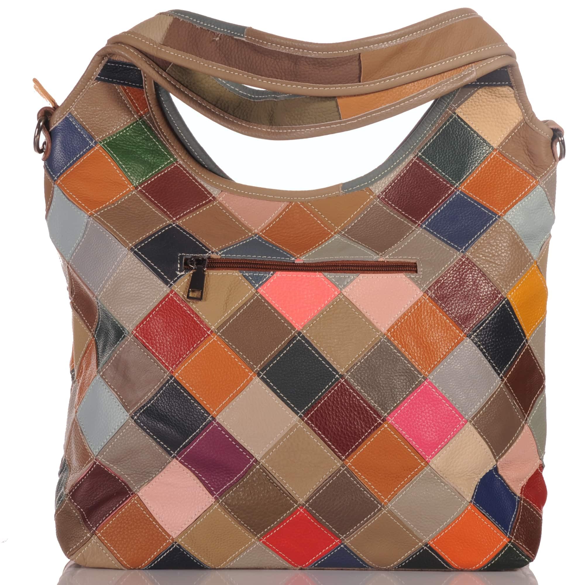 KMISSO Damen Schultertasche Leder Patchwork Blumen – großer Shopper aus Echtleder, designed in Italy, bunte Hobo Bag 44x32x14 cm mit Reißverschluss & Innenfächern