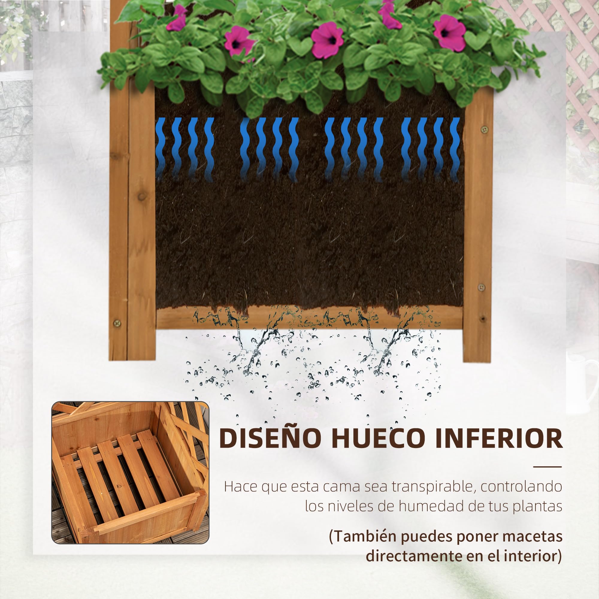 Outsunny Jardinera con Enrejado de Madera Macetero Exterior para Esquina Jardinera Elevada para Plantas Trepadoras en Patio Terraza 40x40x145 cm Marrón