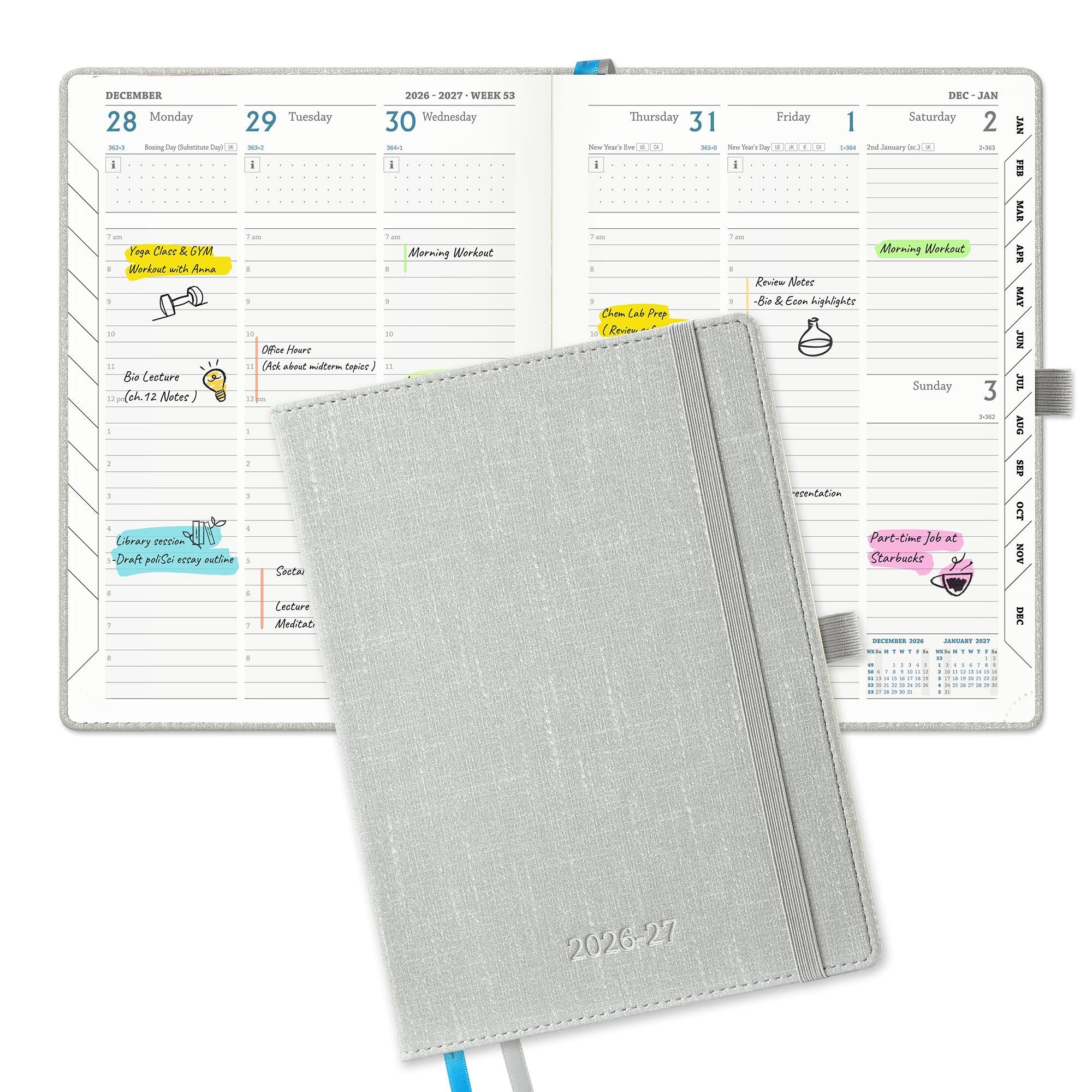 IN-LUXPRO Academic Diary 2026-2027: Luxury A5 Week to View (21.9x16.2cm)18 Months (Jul'26 - Dec'27) Mid Year Diary 26/27 Vertical Weekly Planner with Timeslots & Month Tabs, PU Leather Sliver