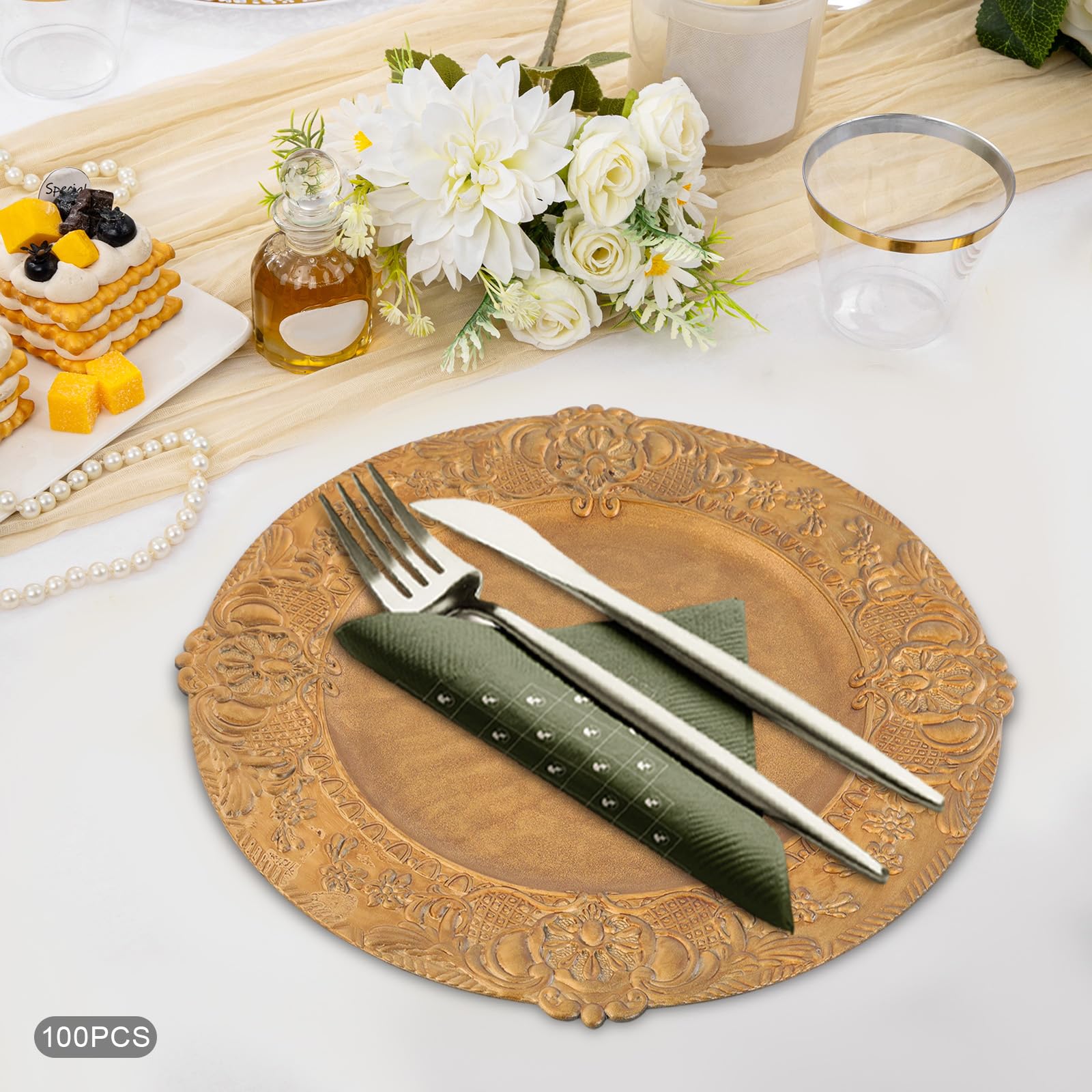 100 Stück Goldene Wiederverwendbare Platzteller, 33cm (Muster-A) | European Retro Einfarbige Unterteller, Runde Mehrweg Servierteller für Hochzeit, Party, Restaurant