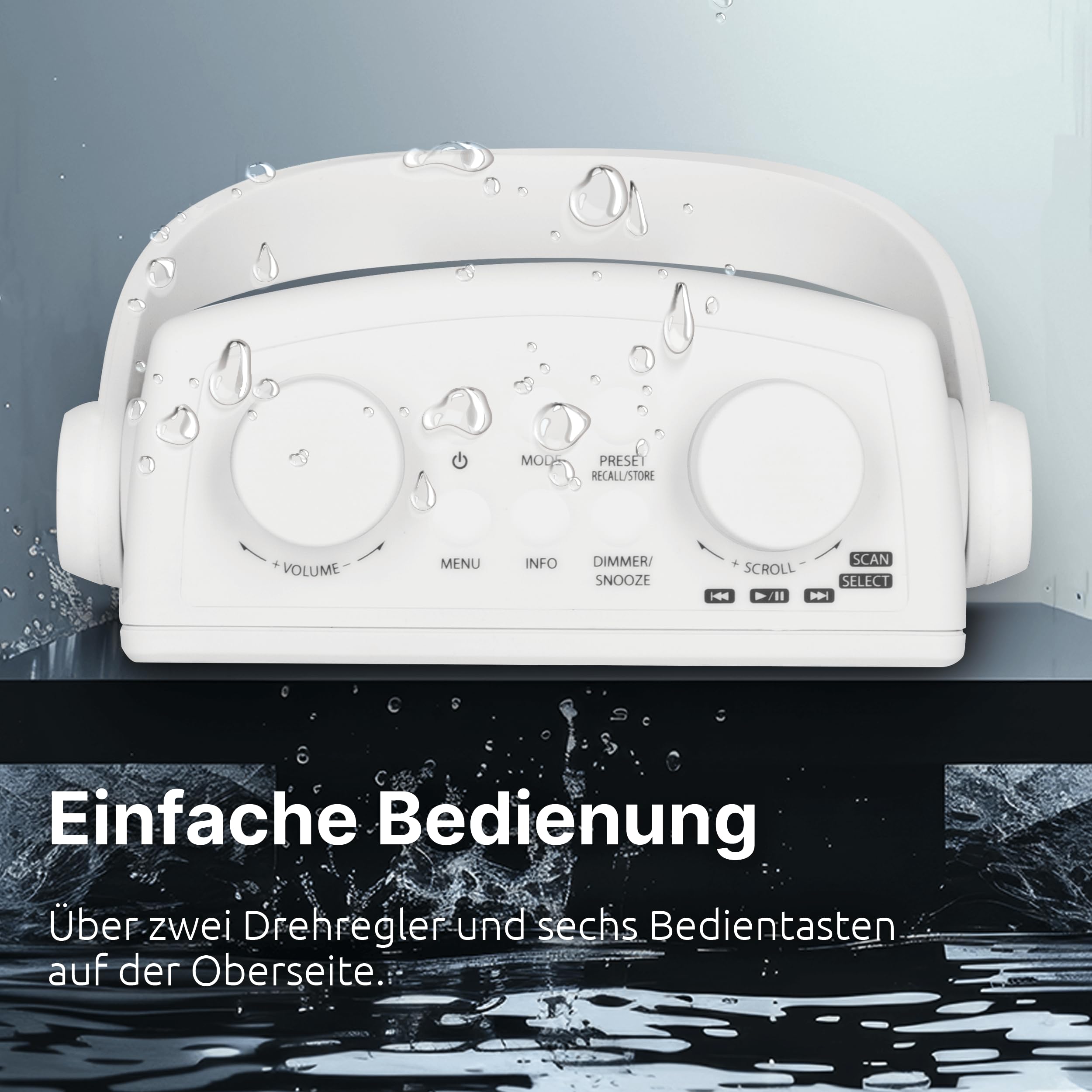 TechniSat DIGITRADIO 30 - wasserdichtes DAB+ Duschradio (UKW, DAB Digitalradio, integrierter Akku, Bluetooth, wasserdicht nach IPX5, Wecker, Favoritenspeicher, Kopfhörer-Anschluss) weiß