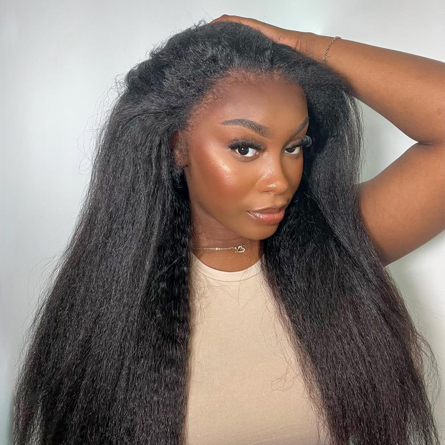 Half Wig Human Hair Kinky Straight Wigs for Black Women 180 Density Yaki Straight Glueless Wigs Ready to Go 3 In 1 Seamless Flip Over Drawstring Headband Wig for Women Clip in No Sew In 20 Inch - Image 3