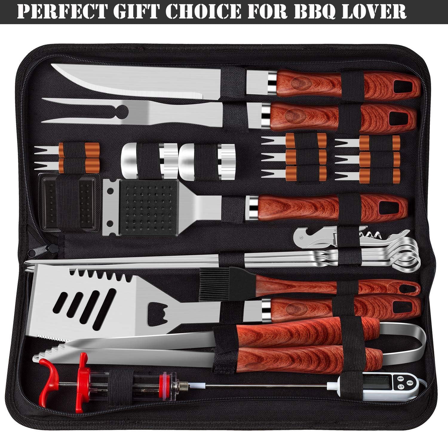 ROMANTICIST 26pcs Grilling Accessories Kit for Men Women, Stainless Steel Heavy Duty BBQ Tools with Glove and Corkscrew, Grill Utensils Set in Portable Canvas Bag for Outdoor, Camping, Backyard, Brown : Garden & Outdoor