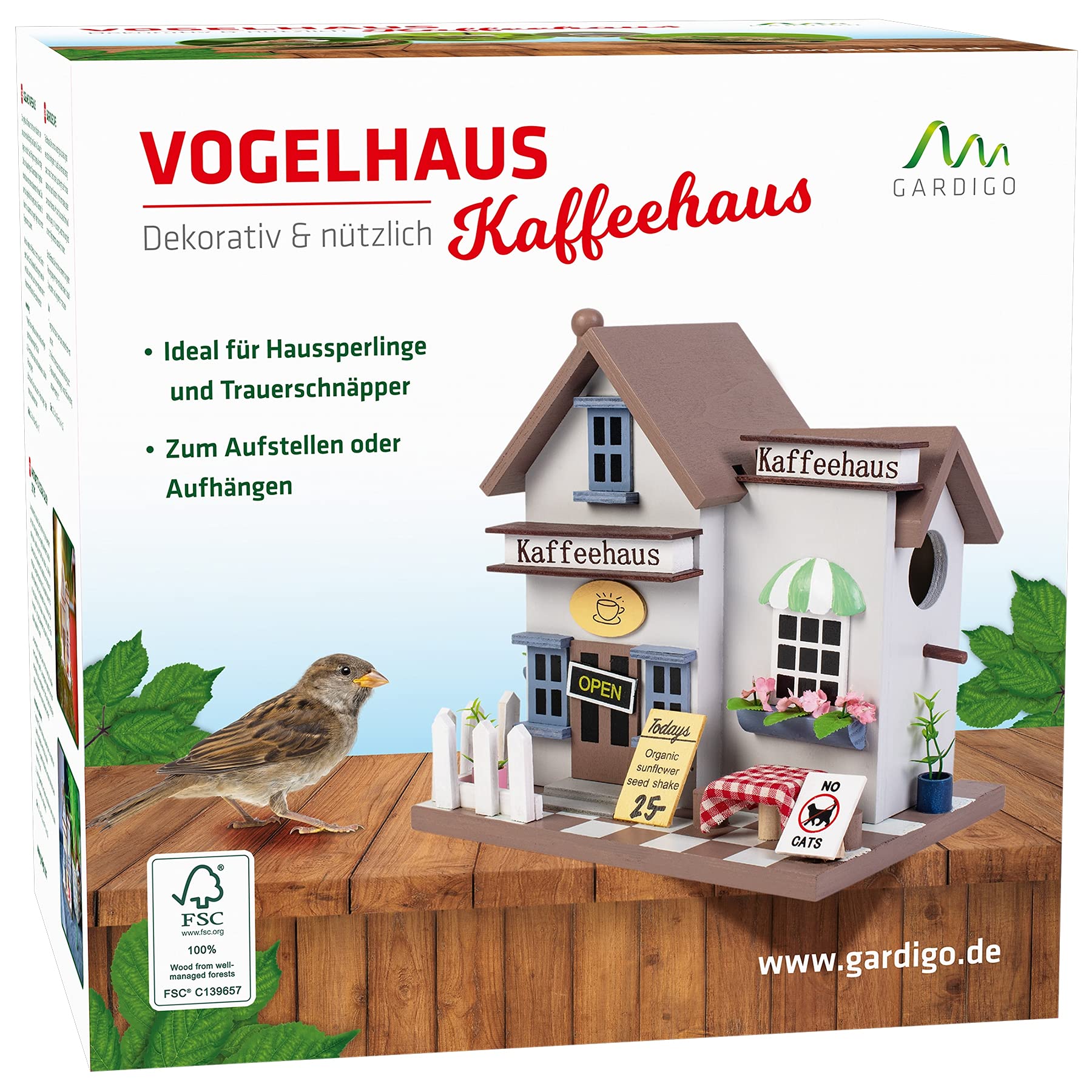 GARDIGO® Nichoir en Bois Style Café | Maison pour Oiseaux Suspendue | Idéal pour Jardin, Terrasse, Balcon | Abri et Mangeoire pour Petits Oiseaux | Design Élégant Blanc & Marron