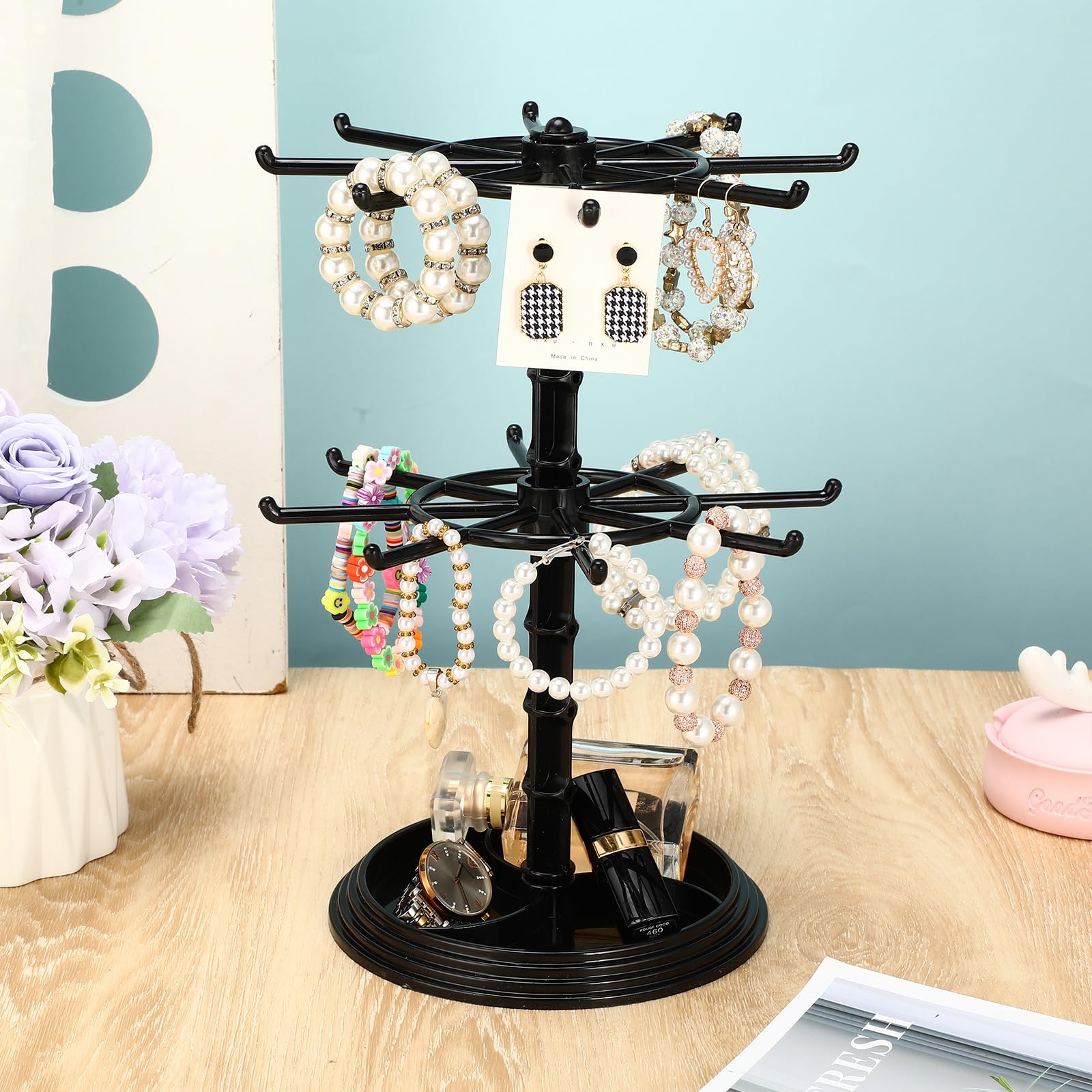 2 Pack Keychain Display Stand Rotating Jewelry 2 Tier Necklace Holder Plastic Spinning Bracelet Hanging Organizer Rotating Rack Earring Bracelet Stands for Vendors Malls Counter Dressing Table(Black)