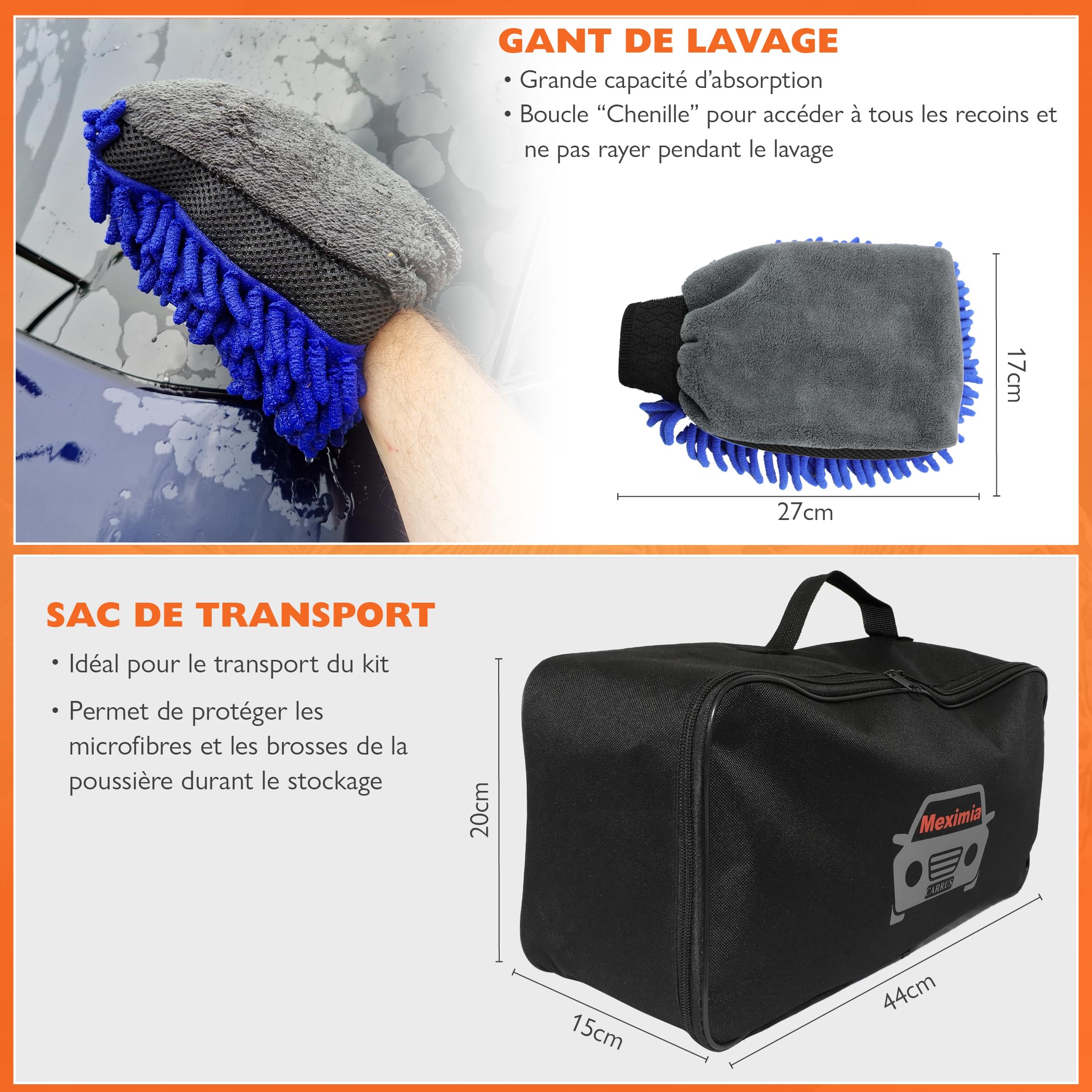Kit Nettoyage Voiture,12PCS, Bouteille Spray Mousse prélavage, Gant Lavage Microfibre, Brosses Jantes et pneus, Pinceaux De Détail, Sac De Rangement