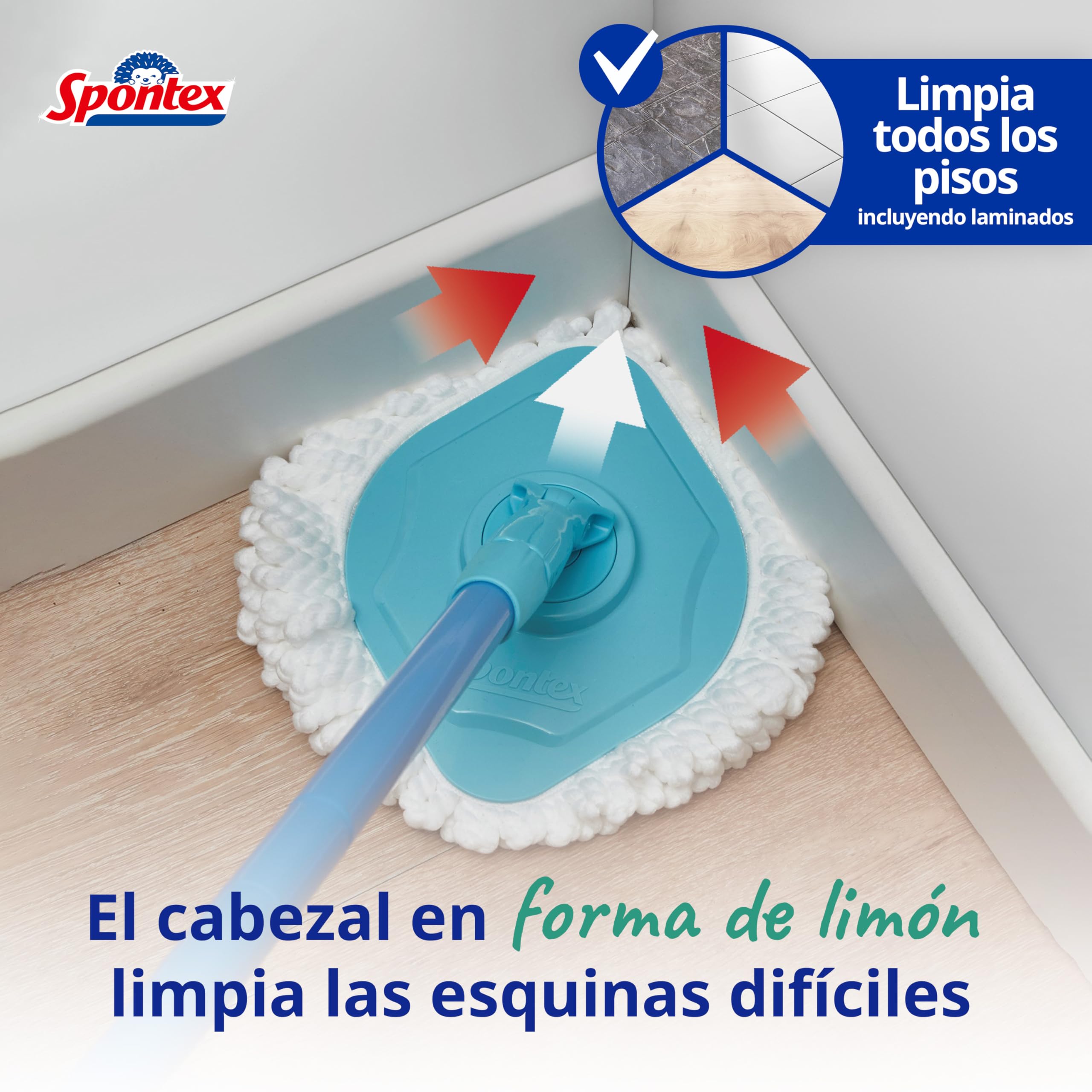 Spontex Full Action Corner set de cubo y fregona/mopa giratoria | Llega a todos los rincones | Fácil sistema de escurrido y aclarado con giro de 360° | Limpia suelos laminados, de madera y baldosas